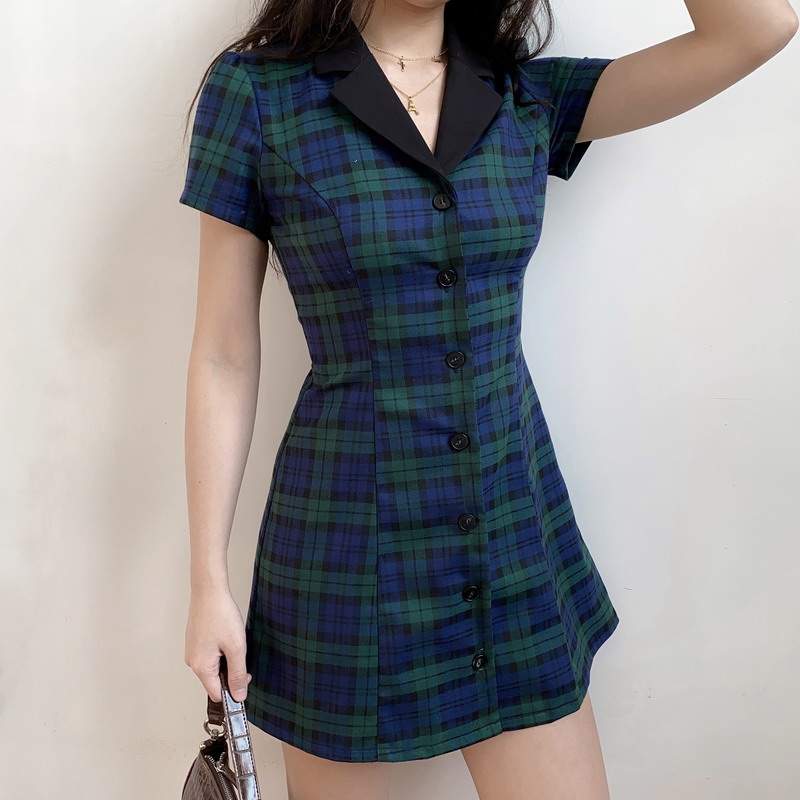 90s Retro College Style Lapel Plaid Slim Fit Short Sleeve A-Line Dress for Women - Vintage-Inspired Casual Shirt Dress 90s Retro College Style Lapel Plaid Slim Fit Short Sleeve A-Line Dress for Women - Vintage-Inspired Casual Shirt Dress