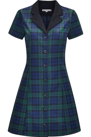 90s Retro College Style Lapel Plaid Slim Fit Short Sleeve A-Line Dress for Women - Vintage-Inspired Casual Shirt Dress