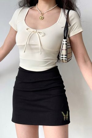 90s Retro Ultra High Waist Butterfly Embroidery A-Line Skirt with Safety Shorts - Go Girl Go DIY Style