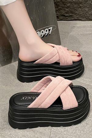 9cm Thick-Soled Cross Fairy-Style Sandals for Women - Summer Height-Increasing Slides for Petite Figures, Perfect for Skirts