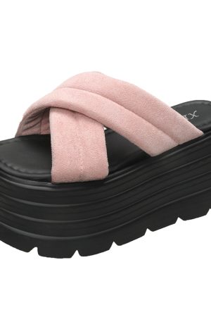 9cm Thick-Soled Cross Fairy-Style Sandals for Women - Summer Height-Increasing Slides for Petite Figures, Perfect for Skirts