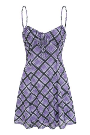 A-Line Slim Fit Purple Plaid Suspender Dress - Front Strap Design, Short Skirt, European & American Style, Trendy Hot Girl Fashion