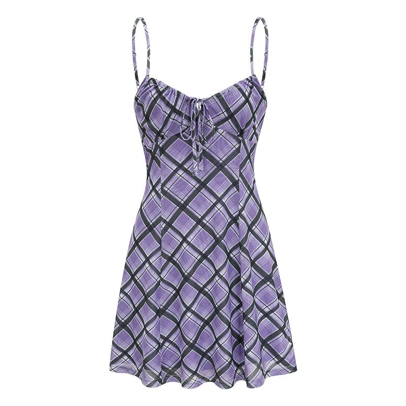 A-Line Slim Fit Purple Plaid Suspender Dress - Front Strap Design, Short Skirt, European & American Style, Trendy Hot Girl Fashion A-Line Slim Fit Purple Plaid Suspender Dress - Front Strap Design, Short Skirt, European & American Style, Trendy Hot Girl Fashion