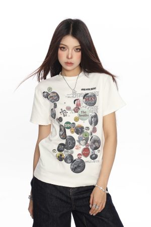 American Badge All-Over Print Round Neck Short Sleeve T-Shirt for Women - Summer Loose Casual Versatile Top, Trendy 90s Style