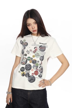 American Badge All-Over Print Round Neck Short Sleeve T-Shirt for Women - Summer Loose Casual Versatile Top, Trendy 90s Style