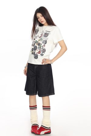 American Badge All-Over Print Round Neck Short Sleeve T-Shirt for Women - Summer Loose Casual Versatile Top, Trendy 90s Style