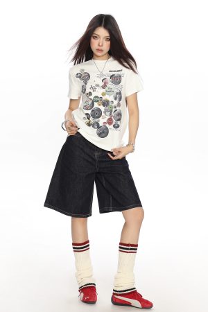 American Badge All-Over Print Round Neck Short Sleeve T-Shirt for Women - Summer Loose Casual Versatile Top, Trendy 90s Style