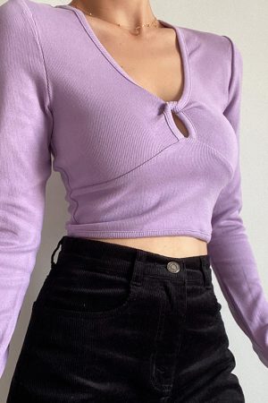 American Cute Girl V-Neck Hollow High Waist Short Slim Long Sleeve T-Shirt Top - Solid Color Y2K Style