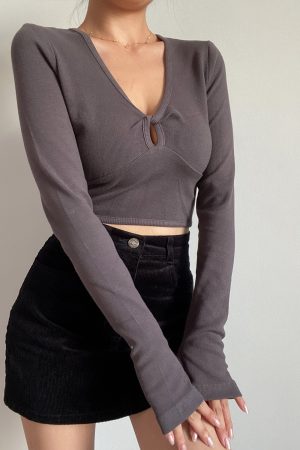 American Cute Girl V-Neck Hollow High Waist Short Slim Long Sleeve T-Shirt Top - Solid Color Y2K Style