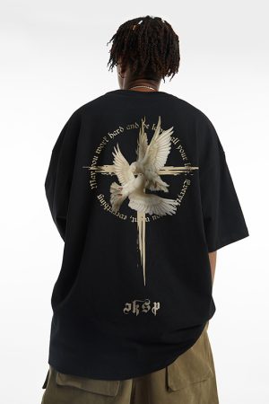 American Gothic Retro Peace Dove T-Shirt for Men - Oversized Short Sleeve High Street Fashion, Trendy Couple Tee