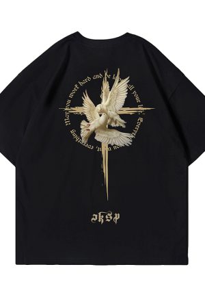 American Gothic Retro Peace Dove T-Shirt for Men - Oversized Short Sleeve High Street Fashion, Trendy Couple Tee