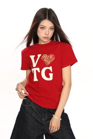American Heart Letter Print Short Sleeve Crop Top T-Shirt for Women - Summer Casual Versatile Style
