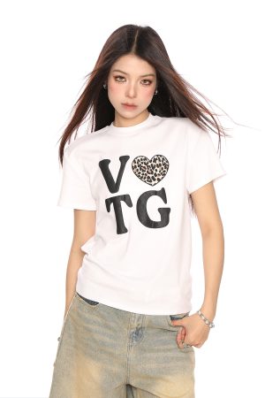 American Heart Letter Print Short Sleeve Crop Top T-Shirt for Women - Summer Casual Versatile Style