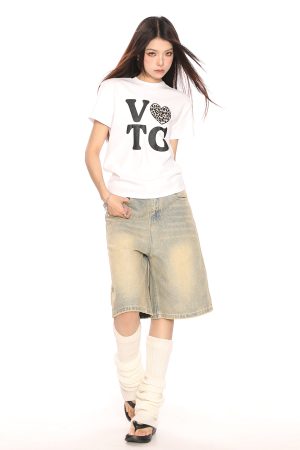 American Heart Letter Print Short Sleeve Crop Top T-Shirt for Women - Summer Casual Versatile Style