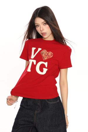 American Heart Letter Print Short Sleeve Crop Top T-Shirt for Women - Summer Casual Versatile Style