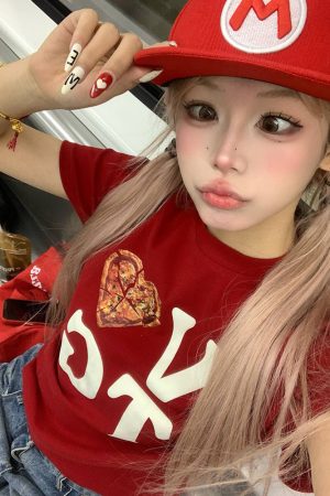 American Heart Letter Print Short Sleeve T-Shirt for Men and Women - Loose Fit Versatile Tee for Spring/Summer 2025