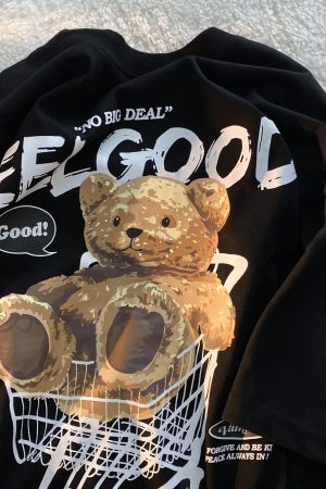 American Retro Bear Graphic Short Sleeve T-Shirt for Men and Women, Plus Size Loose-Fitting Couples Top, Trendy Streetwear