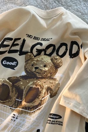 American Retro Bear Graphic Short Sleeve T-Shirt for Men and Women, Plus Size Loose-Fitting Couples Top, Trendy Streetwear