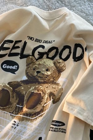 American Retro Bear Graphic Short Sleeve T-Shirt for Men and Women, Plus Size Loose-Fitting Couples Top, Trendy Streetwear