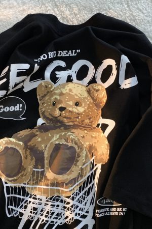 American Retro Bear Graphic Short Sleeve T-Shirt for Men and Women, Plus Size Loose-Fitting Couples Top, Trendy Streetwear