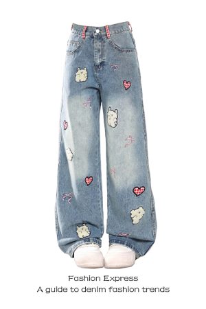 American Retro Cartoon Heart Embroidery Wide-Leg Denim Pants for Women - Casual Loose Fit Straight-Leg Trousers for Spring