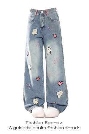 American Retro Cartoon Heart Embroidery Wide-Leg Denim Pants for Women - Casual Loose Fit Straight-Leg Trousers for Spring