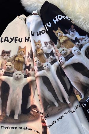 American Retro Cat Print Pure Cotton Short Sleeve T-Shirt for Men and Women - Plus Size Loose Couple Outfit - Y2K Style