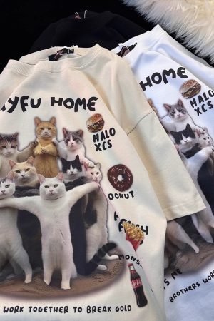 American Retro Cat Print Pure Cotton Short Sleeve T-Shirt for Men and Women - Plus Size Loose Couple Outfit - Y2K Style