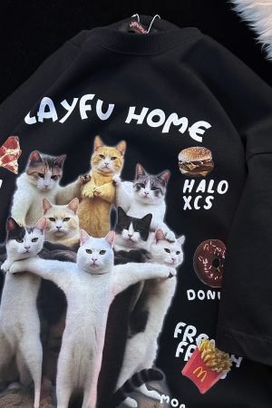 American Retro Cat Print Pure Cotton Short Sleeve T-Shirt for Men and Women - Plus Size Loose Couple Outfit - Y2K Style