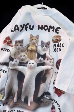 American Retro Cat Print Pure Cotton Short Sleeve T-Shirt for Men and Women - Plus Size Loose Couple Outfit - Y2K Style