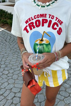 American Retro Coconut Print Pure Cotton Short-Sleeve T-Shirt for Women - Oversized Summer Y2K Trendy Top