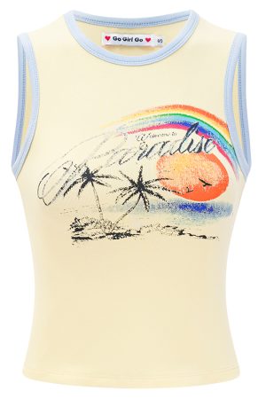 American Retro Coconut Tree Beach Print Sleeveless Tank Top for Women - Slim Fit 90s Style DIY Summer Top