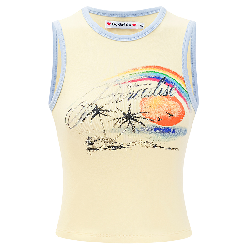 American Retro Coconut Tree Beach Print Sleeveless Tank Top for Women - Slim Fit 90s Style DIY Summer Top American Retro Coconut Tree Beach Print Sleeveless Tank Top for Women - Slim Fit 90s Style DIY Summer Top