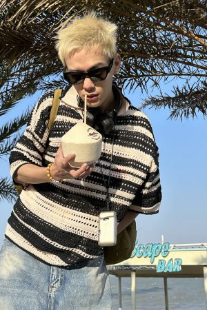 American Retro Colorful Striped Hollow Knit Shirt - Spring Summer Loose Casual Lapel Top for Trendy Style