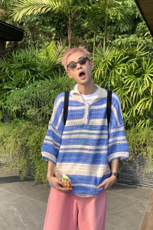 American Retro Colorful Striped Hollow Knit Shirt - Spring Summer Loose Casual Lapel Top for Trendy Style