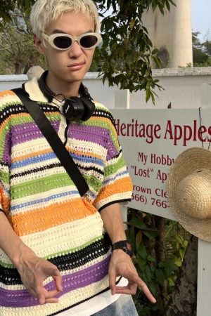 American Retro Colorful Striped Hollow Knit Shirt - Spring Summer Loose Casual Lapel Top for Trendy Style