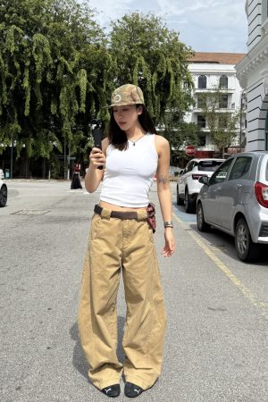 American Retro Curved Knife Pants - Loose Fit, Washed Spliced Design, Casual Long Pants for Men and Women, Y2K Style