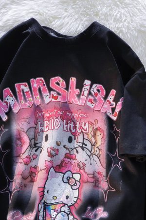 American Retro Cute Hello Kitty Cotton Short Sleeve T-Shirt for Men and Women Plus Size Loose Fit Trendy Couple Top