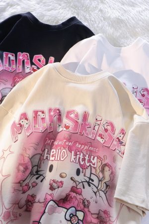 American Retro Cute Hello Kitty Cotton Short Sleeve T-Shirt for Men and Women Plus Size Loose Fit Trendy Couple Top