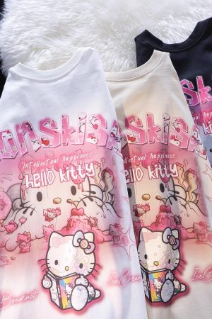 American Retro Cute Hello Kitty Cotton Short Sleeve T-Shirt for Men and Women Plus Size Loose Fit Trendy Couple Top