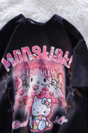 American Retro Cute Hello Kitty Cotton Short Sleeve T-Shirt for Men and Women Plus Size Loose Fit Trendy Couple Top