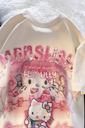 American Retro Cute Hello Kitty Cotton Short Sleeve T-Shirt for Men and Women Plus Size Loose Fit Trendy Couple Top