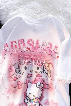 American Retro Cute Hello Kitty Cotton Short Sleeve T-Shirt for Men and Women Plus Size Loose Fit Trendy Couple Top