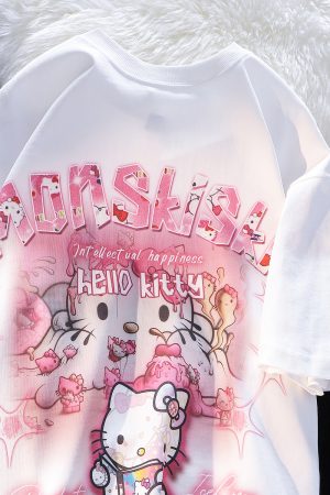 American Retro Cute Hello Kitty Cotton Short Sleeve T-Shirt for Men and Women Plus Size Loose Fit Trendy Couple Top