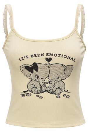 American Retro Elephant Cartoon Print Cami Top for Women - Slim Fit Short Crop Top, Y2K Style