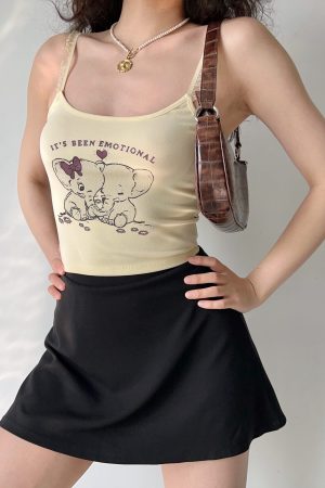 American Retro Elephant Cartoon Print Cami Top for Women - Slim Fit Short Crop Top, Y2K Style