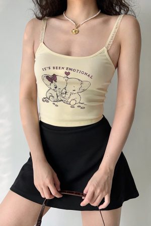 American Retro Elephant Cartoon Print Cami Top for Women - Slim Fit Short Crop Top, Y2K Style