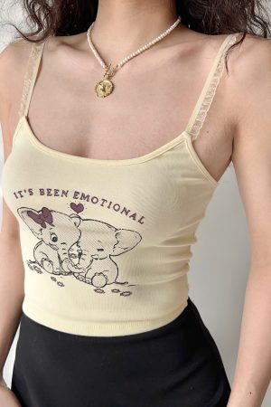 American Retro Elephant Cartoon Print Cami Top for Women - Slim Fit Short Crop Top, Y2K Style