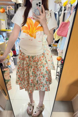 American Retro Floral Lily Print Short Sleeve T-Shirt for Women - Summer Casual Slim Fit, Versatile Y2K Style