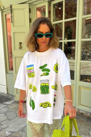 American Retro Green Fruit Print Oversized Short Sleeve T-Shirt for Women - Y2K European Style Hot Girl Fashion